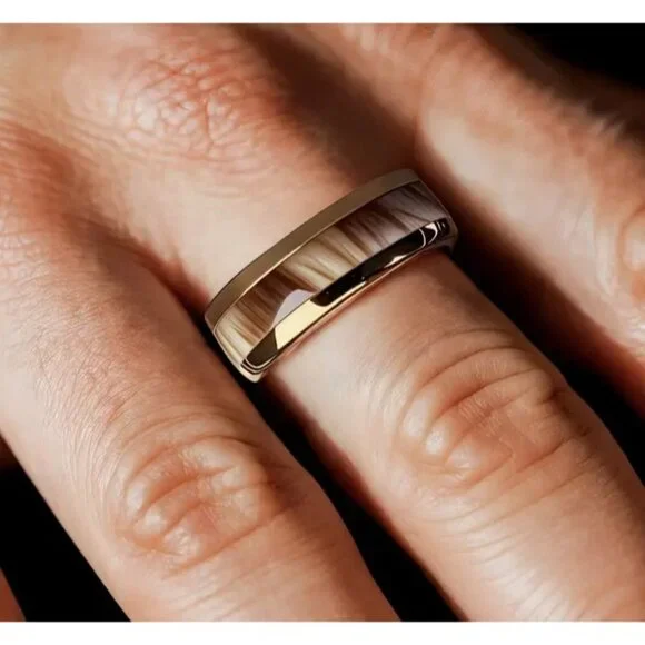 Tungsten Steel Men's Fashion Ring High Polished Brown Marble & gold plated rims - Picture 3 of 5